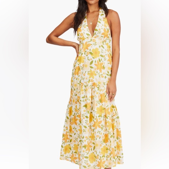 Billabong Feelin Retro Floral Halter Yellow Maxi/Madi Dress Size Small - Picture 1 of 5